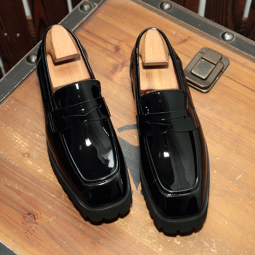 Square-toed Black Patent Leather Men's Trendy Shoes