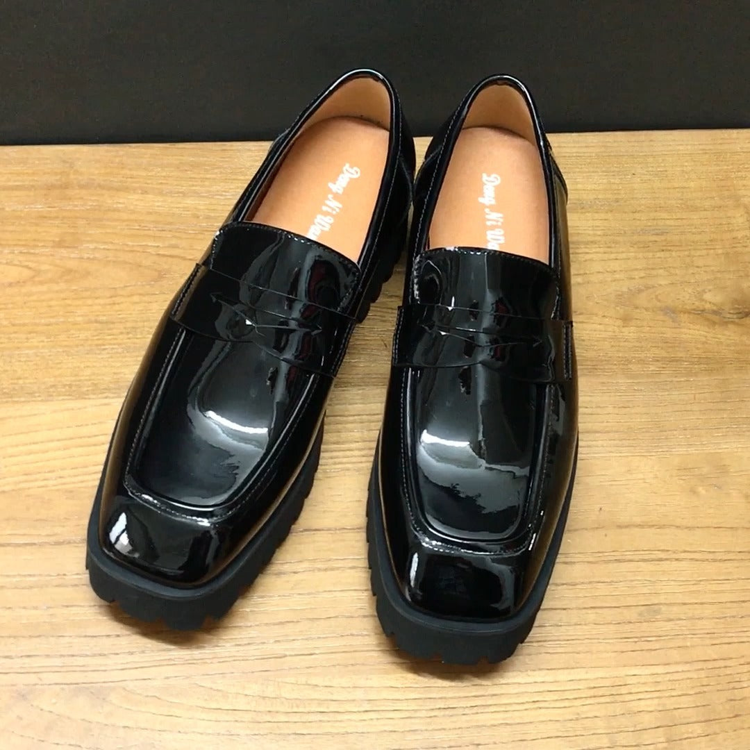 Square-toed Black Patent Leather Men's Trendy Shoes